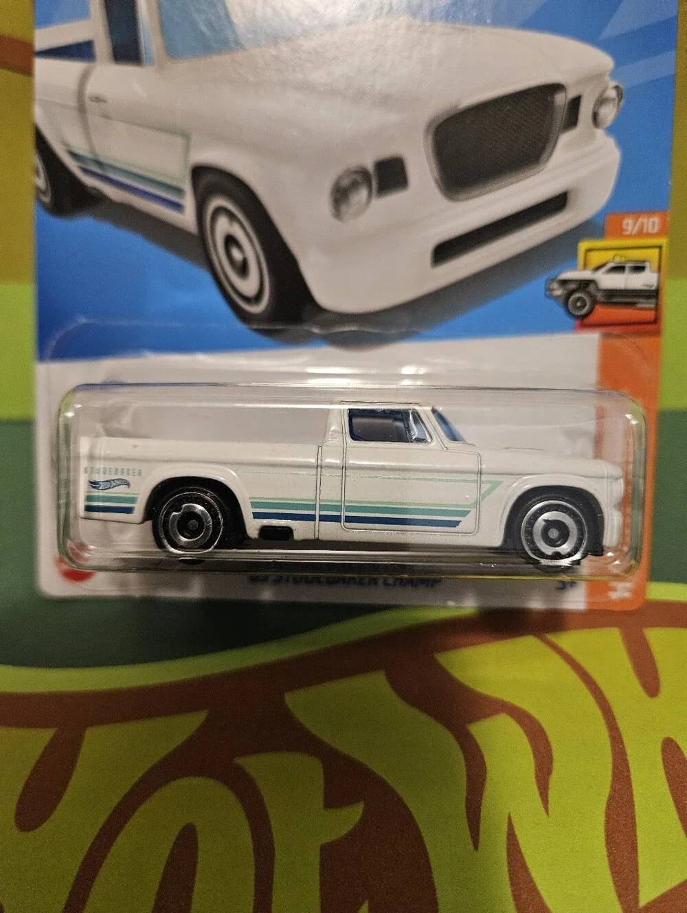 HotWheels White '63 Studebaker Pickup Truck with Blue & Green Stripes